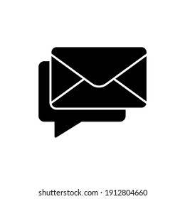 Chat bubble mail icon in solid black flat shape glyph icon, isolated on white background 