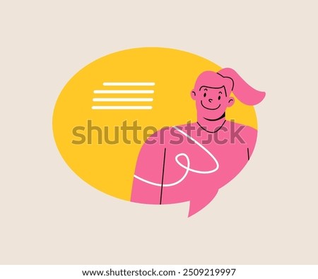 Chat bubble, message bubble with woman, internet dialog, communication, conversation, talk. Colorful vector illustration
