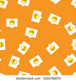 Chat bubble in mobile message and social network seamless pattern background. Smile on chat bubble on orange pattern background. Communicate in social media