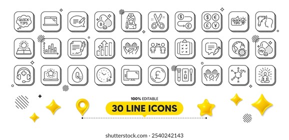 Chat bubble, No alcohol and Covid test line icons pack. 3d design elements. Money transfer, Fair trade, Quick tips web icon. Medical support, Medical tablet, Vaccination pictogram. Vector