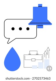 Bolha de bate-papo, sino de notificação, droplet e gráfico de crescimento com mala e setas ascendentes. Ideal para comunicação, alertas, conservação de água, crescimento dos negócios, notificações de desempenho financeiro