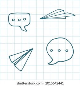 Chat bubble outline simple icon, vector logo, handdrawn linear style pictogram on copybook sheet. Symbol illustration