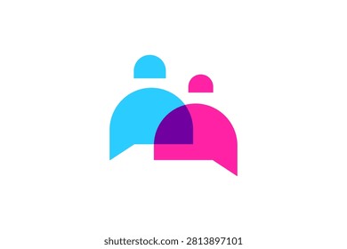 Chat Bubble People Communication and Consulting Logo.Modern overlapping vector icon combining chat bubbles and human figures in cyan and magenta.Ideal for social media apps, forums, customer service, consulting, and psychology.