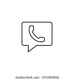 Chat bubble, with phone icon in flat black line style, isolated on white 