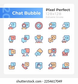 Juego de iconos de color RGB perfectos para píxeles de burbuja de chat. Comunicación con globos de voz. Hablando de visualización. Ilustraciones vectoriales aisladas. Colección de planos de línea simple rellena. Trazo editable
