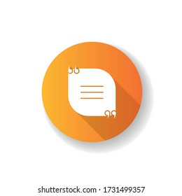 Chat bubble with quotes orange flat design long shadow glyph icon. Empty circle box for direct speech. Blank dialogue frame with quotation marks. Silhouette RGB color illustration