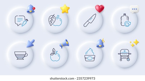 Chat bubble, Refill water and Ice cream line icons. Buttons with 3d bell, chat speech, cursor. Pack of Knife, Gas grill, Mocha icon. Apple, Eco food pictogram. For web app, printing. Vector