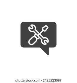 Chat bubble with a screwdriver and wrench vector icon. filled flat sign for mobile concept and web design. Tech Support Chat glyph icon. Symbol, logo illustration. Vector graphics