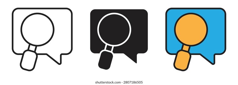 Chat Bubble Search Magnifying Glass Icon Set. Communication chat bubbles paired with magnifying glass search tools in linear, solid, and vibrant colored style variations.