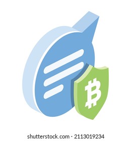 Chat bubble, security shield, bitcoin cryptocurrency. Vector 3d line isometric, color web icons, new flat style. Creative design idea for infographics.