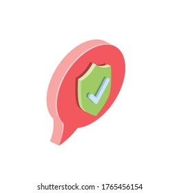 Chat bubble security shield check mark. Vector 3d isometric, color web icon, new flat style. Creative illustration design, isolated graphic idea for infographics.