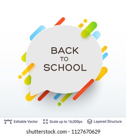 Chat bubble silhouette and text. Back to school badge sticker with bright stripes.