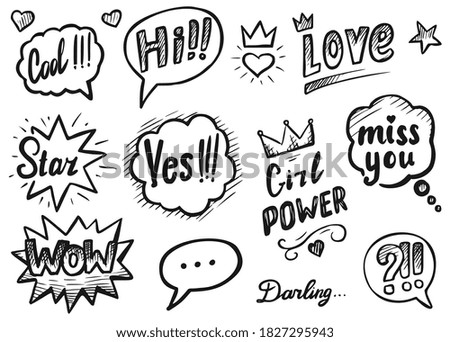 Chat bubble sketch. Dash line drawing chat message with phrase. Handwritten texting thought speech bubble. Dialog window icon sticker isolated vector set. Hand drawn dialogue cloud sketch illustration