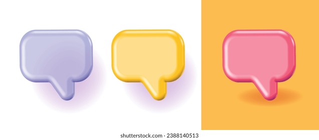 Chat bubble speech 3d message icon vector graphic, talk conversation element comic fun cartoon render illustration, discussion speak comment balloon dialog yellow gold red purple set image clipart