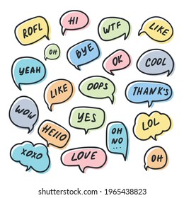 Chat bubble talk phrases. Communication tags. Cartoon speech bubbles with humor text. Hand-drawn style, bubble communication clouds, comic cartoon sticker