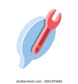 Chat bubble and tool wrench. Vector 3d symbol, isometric, color web icons, new flat style. Creative design idea, concept for infographics.