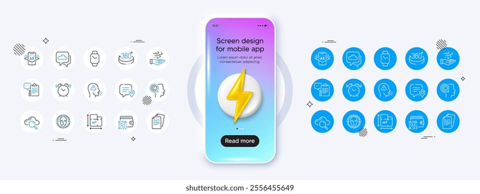 Chat bubble, Wind energy and Cough line icons. Phone mockup with 3d energy icon. Pack of 360 degrees, Smartwatch, Face detect icon. Qr code, Weather forecast, Clipboard pictogram. Vector