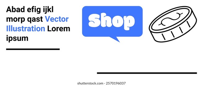 Chat bubble with word Shop, coin, and text block on a minimalistic background. Ideal for e-commerce, online shopping, digital marketing, money-saving tips, business promotions. Banner for landing