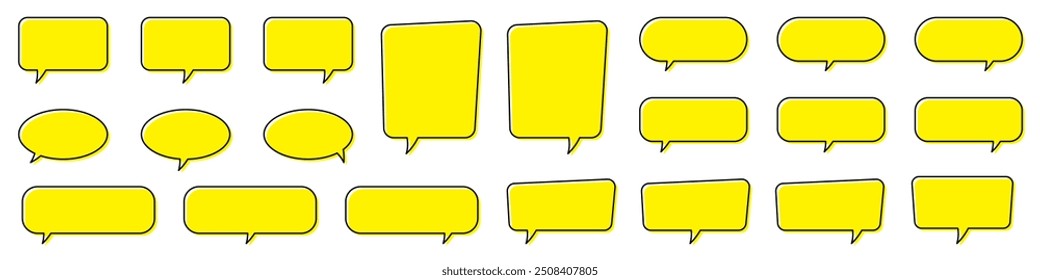 Burbuja de chat en color amarillo, fondo de cita, burbuja de discurso, conjunto de cajas de mensajes. Burbujas de discurso vacías en blanco.