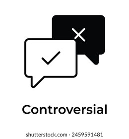 Burbujas de chat con marcas de verificación y signos cruzados, concepto icono de controversia