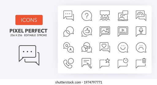 Chat bubbles, communication concepts. Thin line icon set. Outline symbol collection. Editable vector stroke.