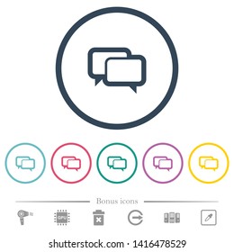 Chat bubbles flat color icons in round outlines. 6 bonus icons included.