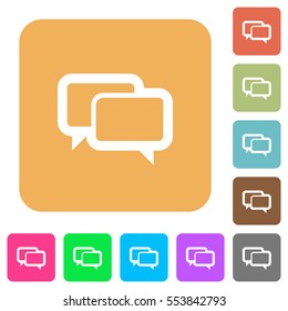 Chat bubbles flat icons on rounded square vivid color backgrounds.