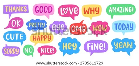 Chat bubbles with handwritten words. Social media expressions collection , comic stickers. Speech clouds set. Online messaging, vector illustration. Funky typography design element.