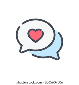 Burbujas de chat con icono de la línea de color del corazón. Signo colorido del contorno del vector de charla de amor.