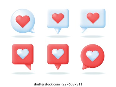 Burbujas de chat con íconos del corazón. Mensajes de amor, como notificación, elementos de comunicación de cliente de red. 3d Concepto de reacción post en medios sociales. Ilustración de iconos vectores aislada en fondo blanco.