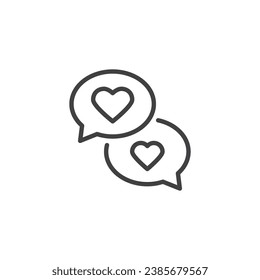Burbujas de chat con icono de línea de corazón. signo de estilo lineal para concepto móvil y diseño web. Icono vectorial del contorno del mensaje de amor. Símbolo romántico de charla, ilustración del logo. Gráficos vectoriales