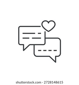Burbujas de chat con un símbolo de corazón icono de línea delgada. Trazo editable. Diseño de contorno que representa mensajes de amor, comunicación romántica, citas en línea. Diseño del día de San Valentín. Ilustración vectorial 