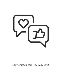 Burbujas de chat con el corazón y los pulgares hacia arriba, icono lineal. Interacción social y Comentarios positivo. Línea con trazo editable.