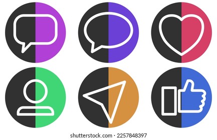 Chat bubbles, Heart, User, location, and Thumb social icons in Round Background are colorful.