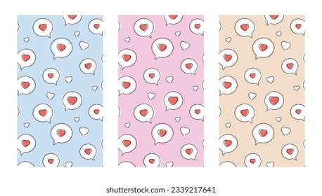 Chat Bubbles With Hearts Posters, Set of 3 Romantic Backgrounds. Cute Backdrops for Specials, Social Media and Design, Vertical Composition, Story Template