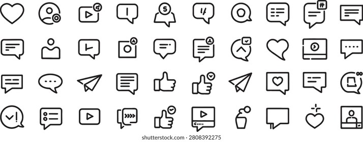 Chat Bubbles Icon Set with Hearts, Thumbs Up, Paper Plane, Video, and Notification Symbols for Social Communication