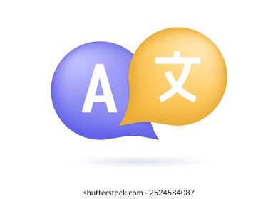 Chat bubbles with language translation icons. E-learning and education, learning language courses concept. Multilingual communication. Vector illustration