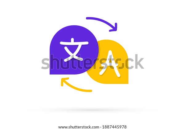 Chat bubbles with language translation icons.\
Online multi language translator. Translation app icon. Online\
Translator. Multilingual communication. App icon for Dialogue\
between foreign people