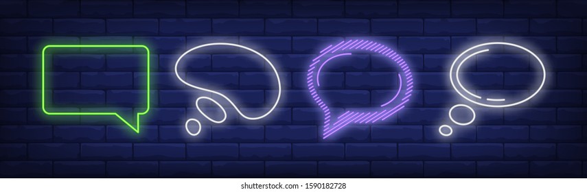 Chat bubbles neon sign set. Empty speech bubbles, speaking, thoughts. Vector illustration in neon style, bright banner for topics like communication, dialog, online chat