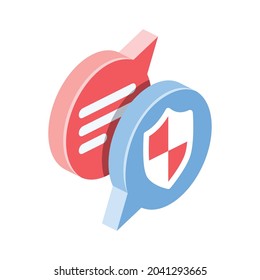 Chat bubbles, security shield. Vector 3d symbol, isometric, color web icons, new flat style. Creative design idea, concept for infographics.