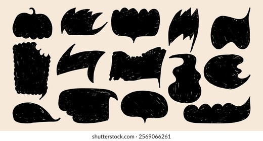 Chat bubbles silhouettes with Grunge Texture. Black chat boxes isolated on white background. Comic book hand drawn set of abstract text boxes
