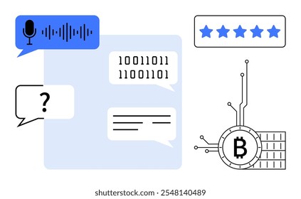 Chat bubbles with text and binary code, voice recognition symbol, cryptocurrency icon, and star rating. Ideal for technology, communication, cryptocurrency, reviews, and AI. Flat vector style with