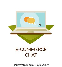 Chat bubbles and user opinions. Ecommerce laptop on basement illustration. Vector illustration. 
