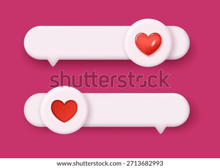 Chat button icon with a red moving heart. Love themed dialogue design. Vector 3D illustration.