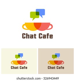 Chat cafe isolated vector colorful logo design template, two colored cup coffee with social bubble, logo concept for internet cafe