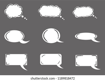 Chat cartoon bubbles, thinking clouds, with thin dry brush paint, vector isolated set