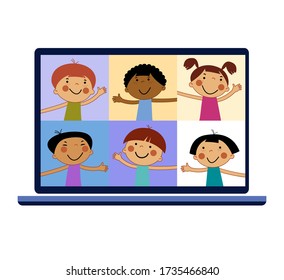 Chat with CHILD online. Collective virtual meeting and group video conferencing. Remote work concept