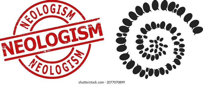 Chat cloud icon spiral curl mosaic, and Neologism corroded stamp imitation. Chat cloud items are composed into spiral vector illustration. Red stamp contains Neologism title inside round template.