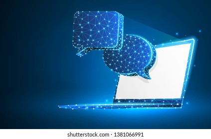 Chat clouds on white notebook screen. Device, communication, dialog, text bubble concept. Abstract, digital, wireframe, low poly mesh, vector blue neon 3d illustration. Triangle, line, dot, star