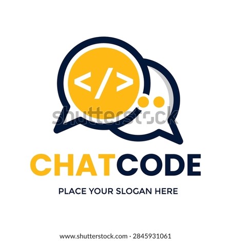 Chat code logo design. Two overlapping speech bubbles with coding brackets inside. Ideal for software development, programming, and tech communication.